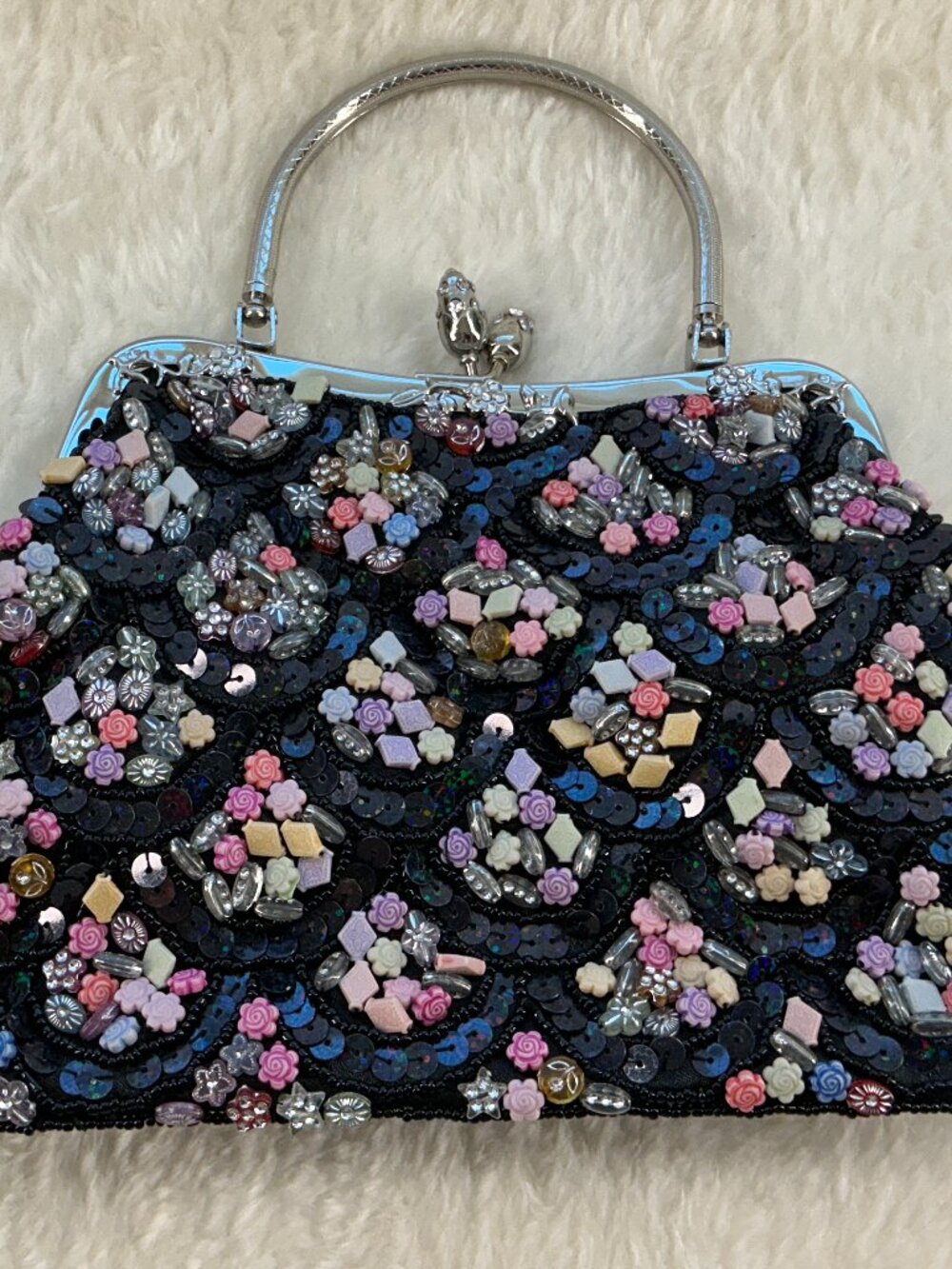 Black Beaded Floral Sequin Evening Clutch Purse With Chain Strap